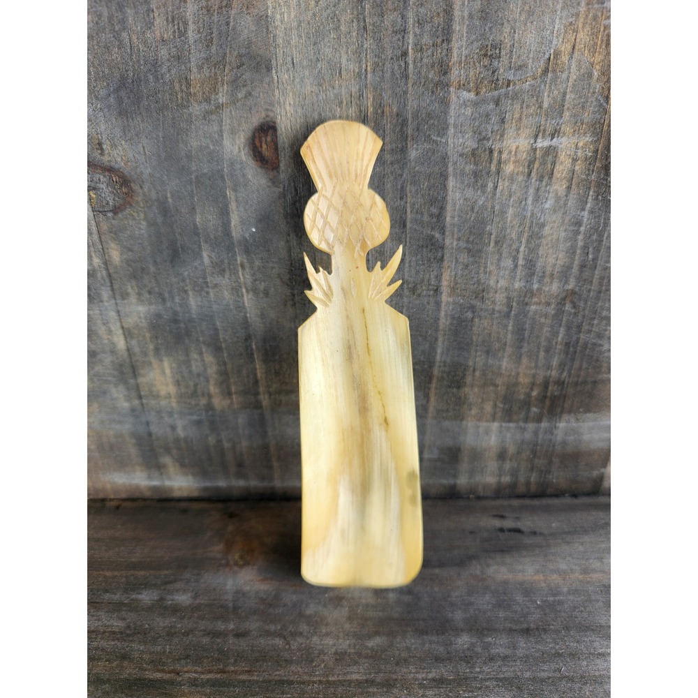 Vintage Hand Carved Natural Horn Shoe Horn Scottish Thistle Design Celtic Decor
